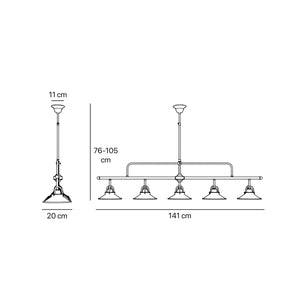 Industrial linear brass pendant with five symmetrical conical shades for dramatic lighting effect by Ghidini 1849