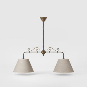 Brass balance pendant lamp with two linen-effect fabric shades and decorative scrolls bistro style Made in Italy by Ghidini 1849 - Finish: OAS Antique Brass