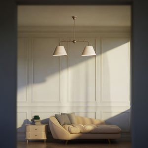 Brass balance pendant lamp with two linen-effect fabric shades and decorative scrolls bistro style Made in Italy by Ghidini 1849 - Finish: OAS Antique Brass