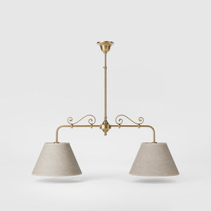 Brass balance pendant lamp with two linen-effect fabric shades and decorative scrolls bistro style Made in Italy by Ghidini 1849 - Finish: OBS Bronze Satin Brass