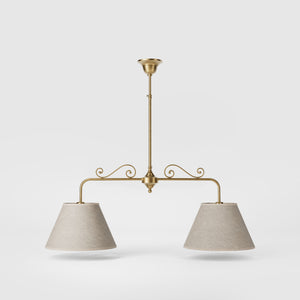 Brass balance pendant lamp with two linen-effect fabric shades and decorative scrolls bistro style Made in Italy by Ghidini 1849 - Finish: OBS Bronze Satin Brass