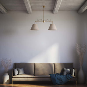 Brass balance pendant lamp with two linen-effect fabric shades and decorative scrolls bistro style Made in Italy by Ghidini 1849 - Finish: OBS Bronze Satin Brass