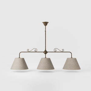 Brass balance pendant lamp with three linen-effect fabric shades and decorative scrolls classic style Made in Italy by Ghidini 1849 - Finish: OAS Antique Brass