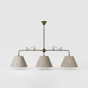Brass balance pendant lamp with three linen-effect fabric shades and decorative scrolls classic style Made in Italy by Ghidini 1849 - Finish: OAS Antique Brass