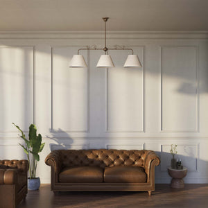 Brass balance pendant lamp with three linen-effect fabric shades and decorative scrolls classic style Made in Italy by Ghidini 1849 - Finish: OAS Antique Brass