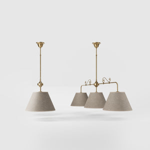 Brass balance pendant lamp with three linen-effect fabric shades and decorative scrolls classic style Made in Italy by Ghidini 1849 - Finish: OBS Bronze Satin Brass