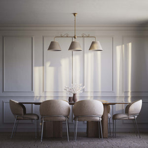 Brass balance pendant lamp with three linen-effect fabric shades and decorative scrolls classic style Made in Italy by Ghidini 1849 - Finish: OBS Bronze Satin Brass