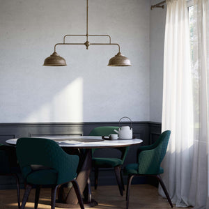 Industrial style pendant lamp in brass with two dome shades, vintage design Made in Italy from the Oslo collection by Ghidini 1849 - Finish: OAS Antique Brass