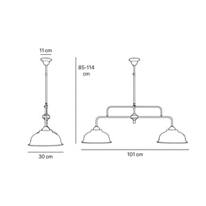 Industrial style pendant lamp in brass with two dome shades, vintage design Made in Italy from the Oslo collection by Ghidini 1849