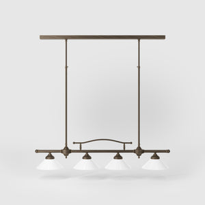 Linear pendant light with four brass supports and cone-shaped white glass shades, classic design for dining room and linear spaces, Sofia collection by Ghidini 1849 - Finish: OBM Bronze Satin Matt Brass