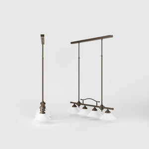 Linear pendant light with four brass supports and cone-shaped white glass shades, classic design for dining room and linear spaces, Sofia collection by Ghidini 1849 - Finish: OBM Bronze Satin Matt Brass