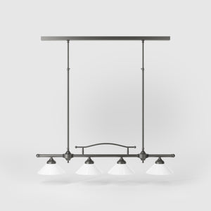 Linear pendant light with four brass supports and cone-shaped white glass shades, classic design for dining room and linear spaces, Sofia collection by Ghidini 1849 - Finish: OBR Dark Bronze