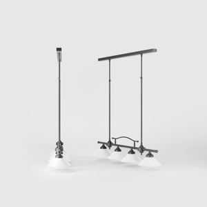 Linear pendant light with four brass supports and cone-shaped white glass shades, classic design for dining room and linear spaces, Sofia collection by Ghidini 1849 - Finish: OBR Dark Bronze