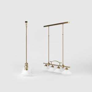 Linear pendant light with four brass supports and cone-shaped white glass shades, classic design for dining room and linear spaces, Sofia collection by Ghidini 1849 - Finish: OBS Bronze Satin Brass