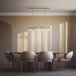 Linear pendant light with four brass supports and cone-shaped white glass shades, classic design for dining room and linear spaces, Sofia collection by Ghidini 1849 - Finish: OBS Bronze Satin Brass