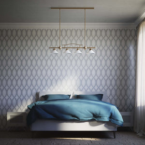 Linear pendant light with four brass supports and cone-shaped white glass shades, classic design for dining room and linear spaces, Sofia collection by Ghidini 1849 - Finish: OBS Bronze Satin Brass