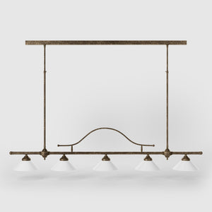 Five-light brass pendant with decorative arch and cone-shaped white glass shades, classic design, Sofia collection by Ghidini 1849 - Finish: OAS Antique Brass