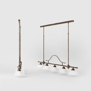 Five-light brass pendant with decorative arch and cone-shaped white glass shades, classic design, Sofia collection by Ghidini 1849 - Finish: OAS Antique Brass