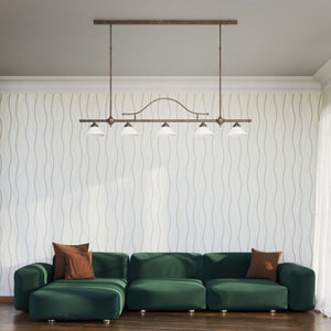 Five-light brass pendant with decorative arch and cone-shaped white glass shades, classic design, Sofia collection by Ghidini 1849 - Finish: OAS Antique Brass