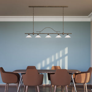 Five-light brass pendant with decorative arch and cone-shaped white glass shades, classic design, Sofia collection by Ghidini 1849 - Finish: OAS Antique Brass