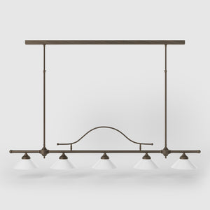 Five-light brass pendant with decorative arch and cone-shaped white glass shades, classic design, Sofia collection by Ghidini 1849 - Finish: OBM Bronze Satin Matt Brass