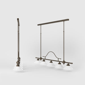 Five-light brass pendant with decorative arch and cone-shaped white glass shades, classic design, Sofia collection by Ghidini 1849 - Finish: OBM Bronze Satin Matt Brass