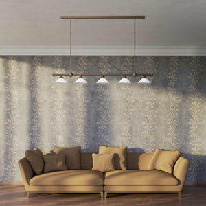 Five-light brass pendant with decorative arch and cone-shaped white glass shades, classic design, Sofia collection by Ghidini 1849 - Finish: OBM Bronze Satin Matt Brass