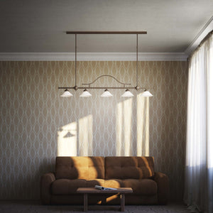 Five-light brass pendant with decorative arch and cone-shaped white glass shades, classic design, Sofia collection by Ghidini 1849 - Finish: OBM Bronze Satin Matt Brass