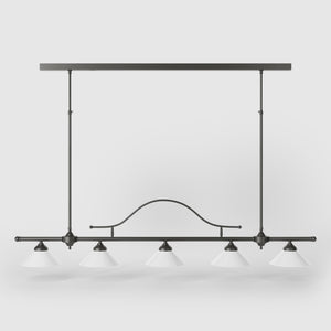 Five-light brass pendant with decorative arch and cone-shaped white glass shades, classic design, Sofia collection by Ghidini 1849 - Finish: OBR Dark Bronze