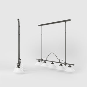 Five-light brass pendant with decorative arch and cone-shaped white glass shades, classic design, Sofia collection by Ghidini 1849 - Finish: OBR Dark Bronze