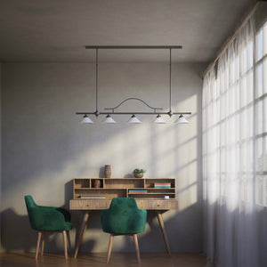 Five-light brass pendant with decorative arch and cone-shaped white glass shades, classic design, Sofia collection by Ghidini 1849 - Finish: OBR Dark Bronze