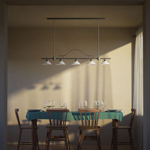 Five-light brass pendant with decorative arch and cone-shaped white glass shades, classic design, Sofia collection by Ghidini 1849 - Finish: OBR Dark Bronze