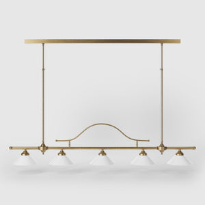 Five-light brass pendant with decorative arch and cone-shaped white glass shades, classic design, Sofia collection by Ghidini 1849 - Finish: OBS Bronze Satin Brass