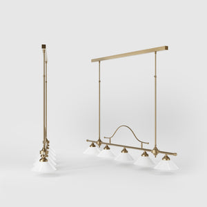 Five-light brass pendant with decorative arch and cone-shaped white glass shades, classic design, Sofia collection by Ghidini 1849 - Finish: OBS Bronze Satin Brass