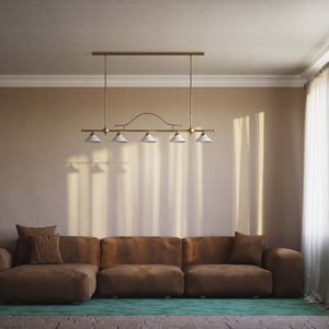 Five-light brass pendant with decorative arch and cone-shaped white glass shades, classic design, Sofia collection by Ghidini 1849 - Finish: OBS Bronze Satin Brass