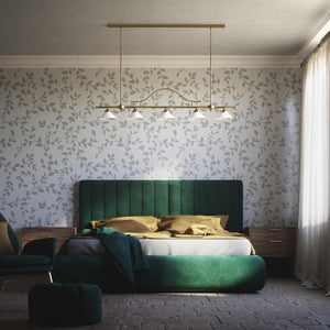 Five-light brass pendant with decorative arch and cone-shaped white glass shades, classic design, Sofia collection by Ghidini 1849 - Finish: OBS Bronze Satin Brass