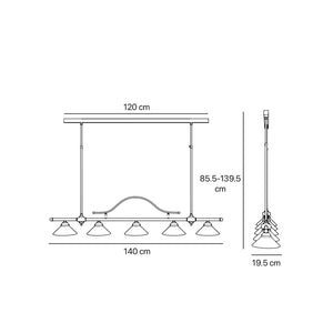 Five-light brass pendant with decorative arch and cone-shaped white glass shades, classic design, Sofia collection by Ghidini 1849