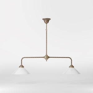 Brass chandelier with two cone-shaped white glass shades, minimalist and adjustable design for interiors by Ghidini 1849 - Finish: OAS Antique Brass