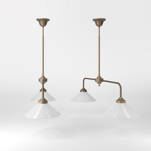 Brass chandelier with two cone-shaped white glass shades, minimalist and adjustable design for interiors by Ghidini 1849 - Finish: OAS Antique Brass