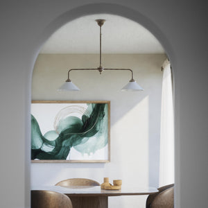 Brass chandelier with two cone-shaped white glass shades, minimalist and adjustable design for interiors by Ghidini 1849 - Finish: OAS Antique Brass