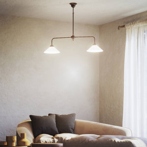 Brass chandelier with two cone-shaped white glass shades, minimalist and adjustable design for interiors by Ghidini 1849 - Finish: OAS Antique Brass