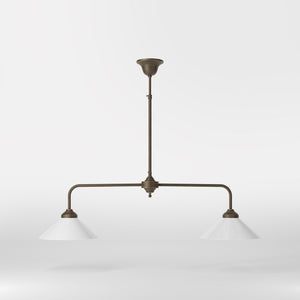 Brass chandelier with two cone-shaped white glass shades, minimalist and adjustable design for interiors by Ghidini 1849 - Finish: OBM Bronze Satin Matt Brass