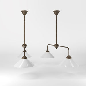 Brass chandelier with two cone-shaped white glass shades, minimalist and adjustable design for interiors by Ghidini 1849 - Finish: OBM Bronze Satin Matt Brass