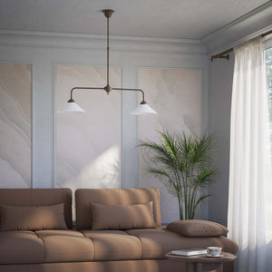 Brass chandelier with two cone-shaped white glass shades, minimalist and adjustable design for interiors by Ghidini 1849 - Finish: OBM Bronze Satin Matt Brass