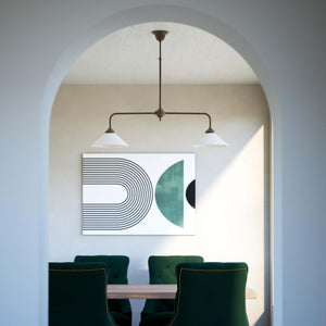 Brass chandelier with two cone-shaped white glass shades, minimalist and adjustable design for interiors by Ghidini 1849 - Finish: OBM Bronze Satin Matt Brass