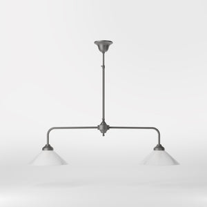 Brass chandelier with two cone-shaped white glass shades, minimalist and adjustable design for interiors by Ghidini 1849 - Finish: OBR Dark Bronze