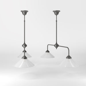 Brass chandelier with two cone-shaped white glass shades, minimalist and adjustable design for interiors by Ghidini 1849 - Finish: OBR Dark Bronze