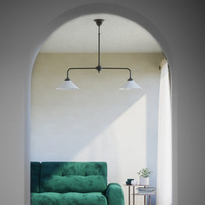 Brass chandelier with two cone-shaped white glass shades, minimalist and adjustable design for interiors by Ghidini 1849 - Finish: OBR Dark Bronze