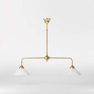 Brass chandelier with two cone-shaped white glass shades, minimalist and adjustable design for interiors by Ghidini 1849 - Finish: OBS Bronze Satin Brass