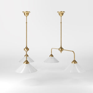 Brass chandelier with two cone-shaped white glass shades, minimalist and adjustable design for interiors by Ghidini 1849 - Finish: OBS Bronze Satin Brass